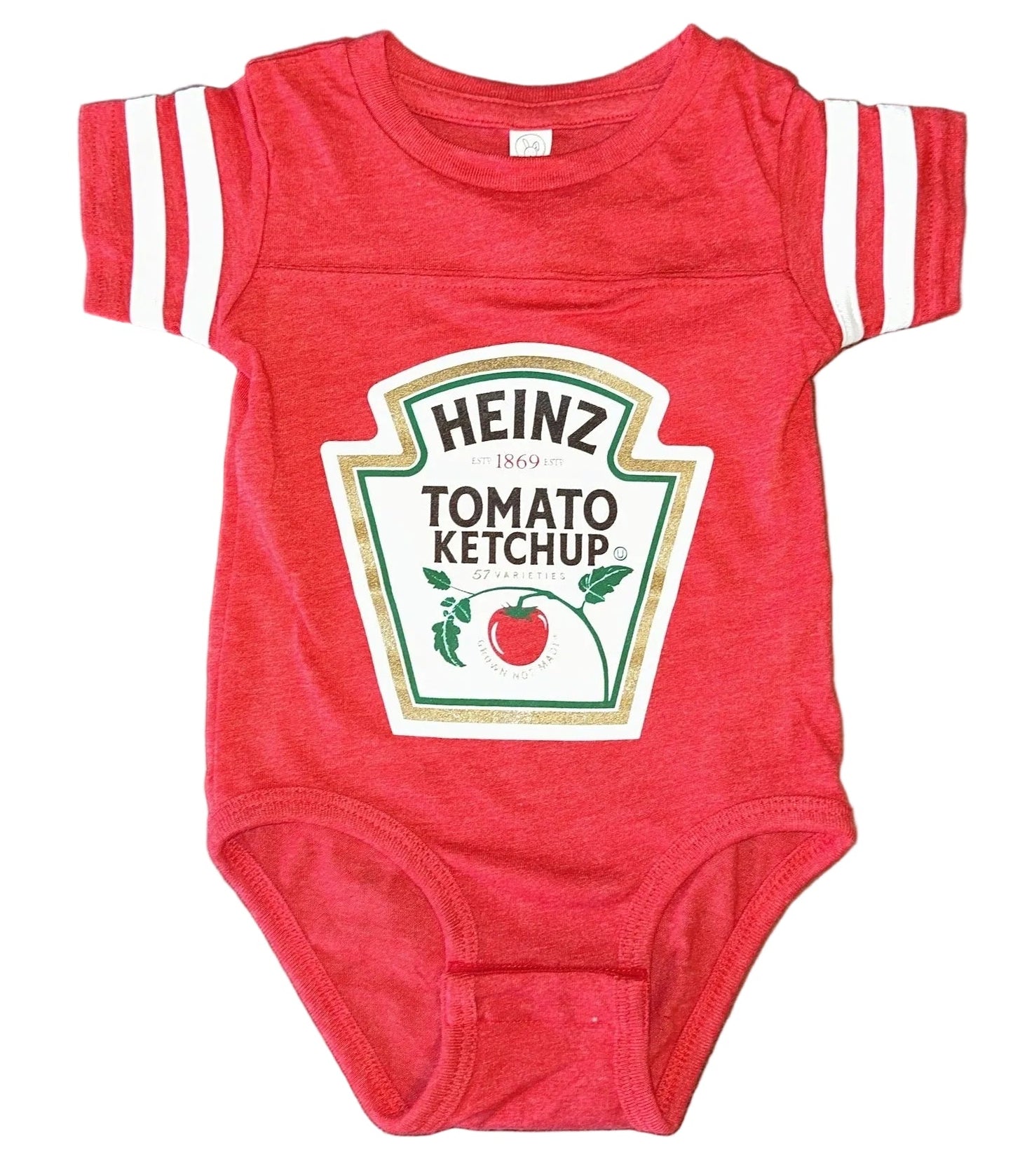 Red baby onesie with Heinz Tomato Ketchup logo on a white background